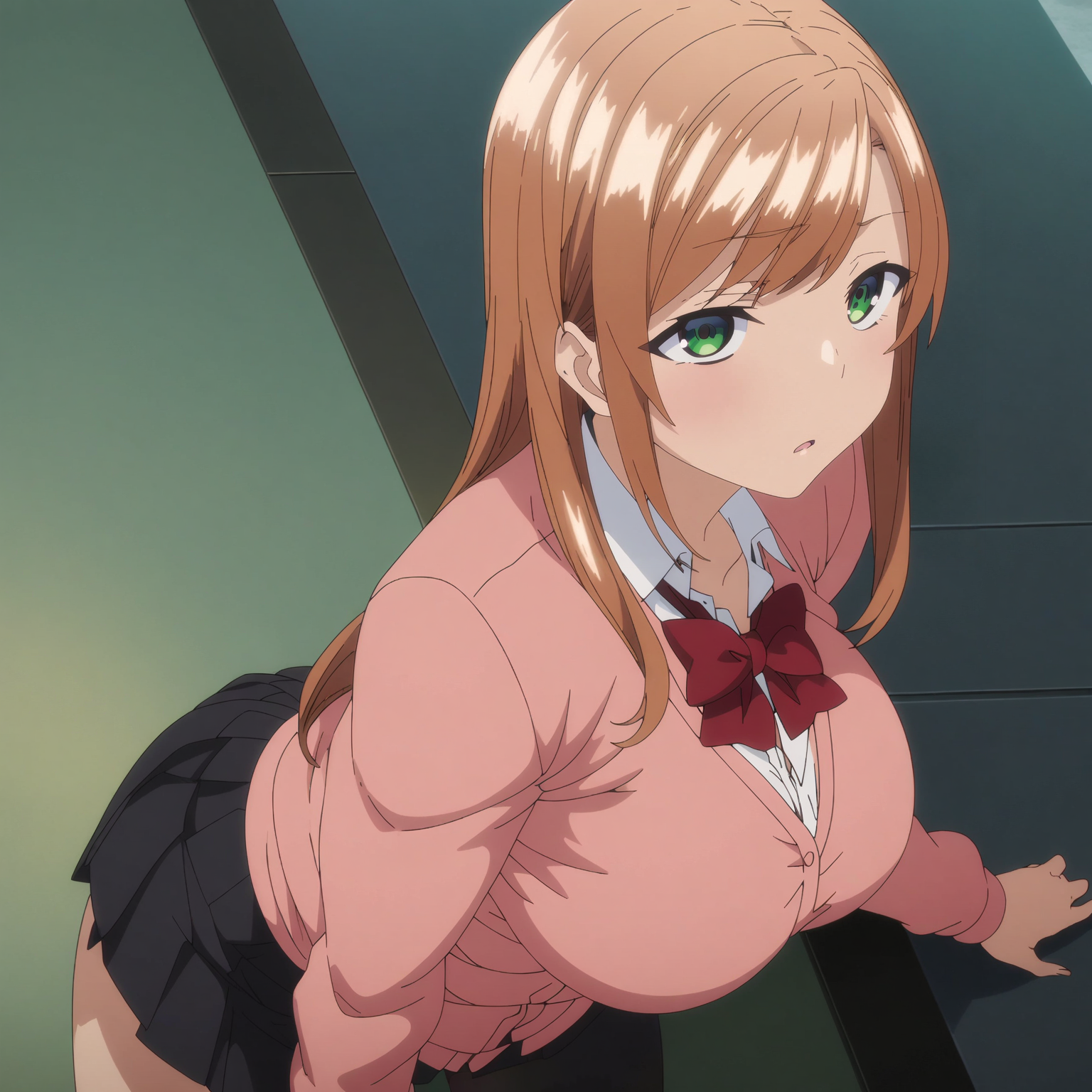 <lora:MinakoSanadaXL001>,<lora:bold-16oa:-0.3>,
masterpiece,best quality,ultra-detailed:1.5,8K,best illustration,very aesthetic,absurdres,anime screencap,official art,
looking at viewer,
solo,
MinakoSanada,1girl,brown hair,long hair,green eyes,
large breasts,
white shirt,red bowtie,pink cardigan,long sleeves,
pleated_skirt,black skirt,
thigh,black socks,
