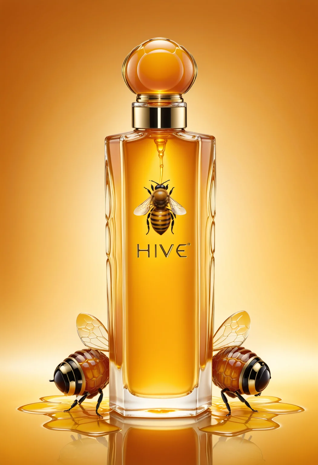 a bottle of perfume called "Hive" <lora:HoneyStyle:1> dvr-honey