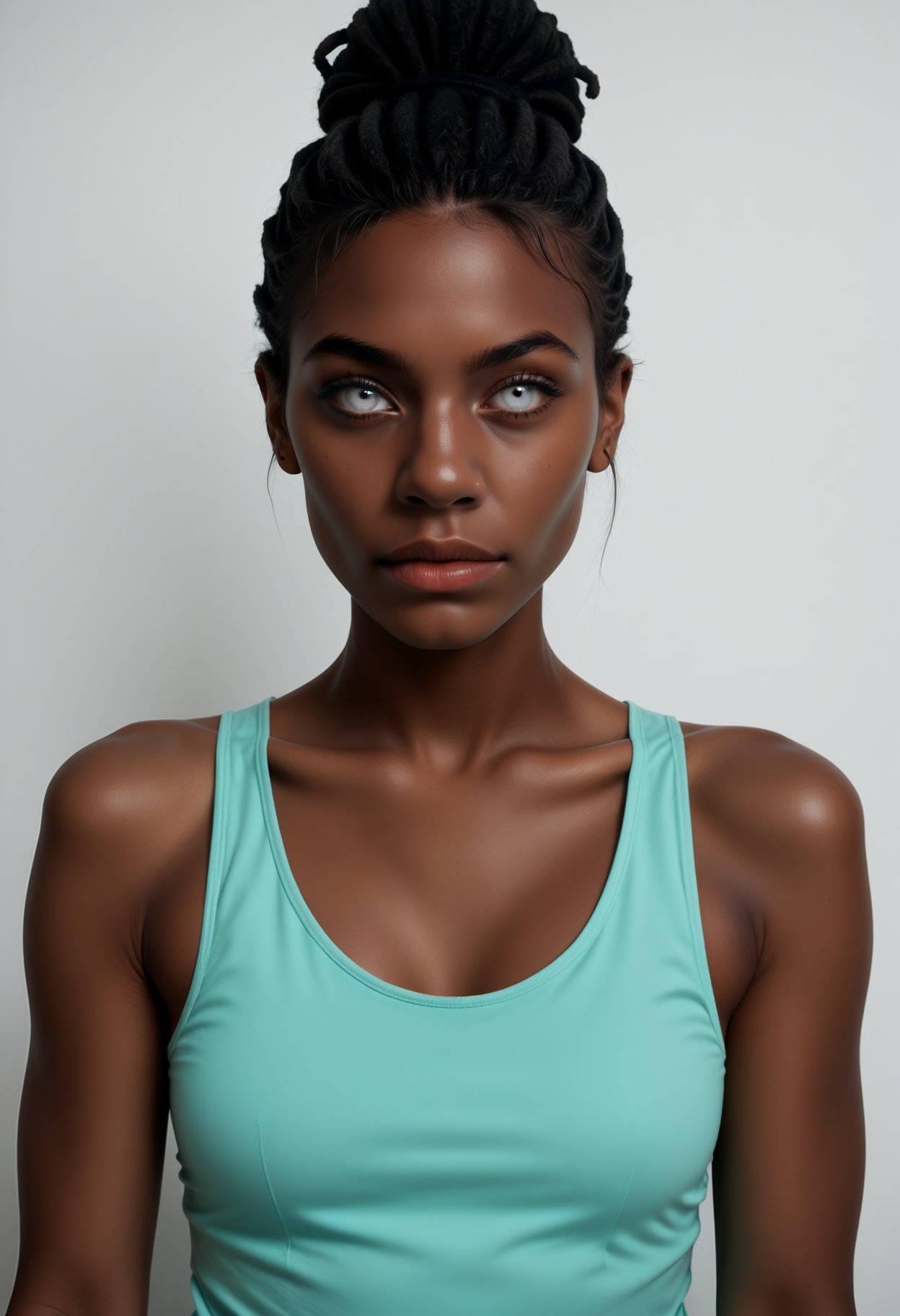 score_9, score_8_up, score_7_up, rating_safe, source_photo, realistic,
1girl, solo, aqua tank top,
 <lora:Dark_Berea_Pony_v1.0:0.5> d4rkb3r34, dreadlocks:single hair bun, very dark skin, white eyes,