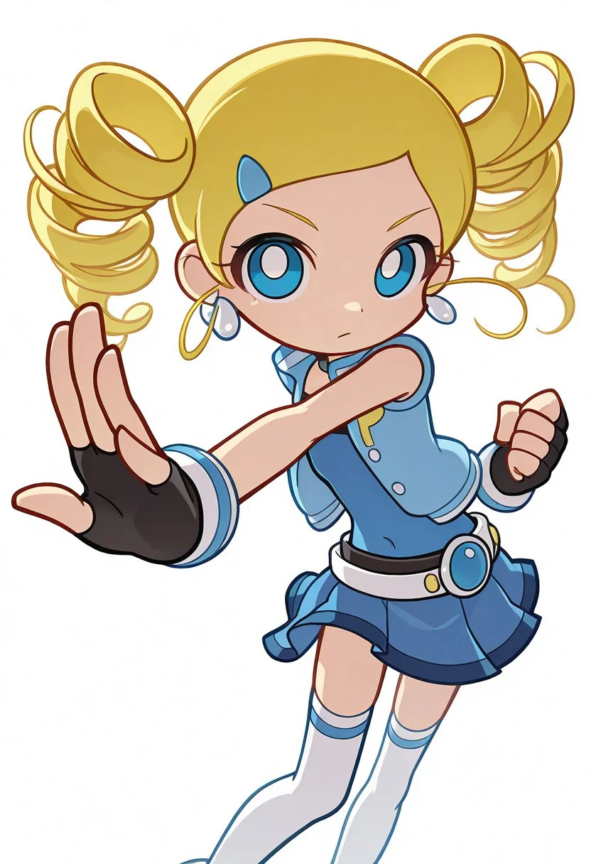[#👧;🦸‍♀️]side_light,4k,(masterpiece:1.4),(best quality:1.4),(high resolution:1.4),Ultra HD, HDR,(hyperdetailed),smooth lighting,source_anime,very aesthetic,intricate details,intense,highres,vibrant colors,detailed_shadows,detailed_reflections,high-quality textures,depth of field,good shading,studio quality,epic lighting,digital illustration,path_tracing,rtx_on_styled_lighting_and_reflections,<lora:add-detail-xl:1>,looking at viewer,unblurred,perfect composition,intricate details,incredibly absurdres,dynamic angle 
[ONLY1girl,solo,symmetry,show accurate proportions,ppgzmiyako,rollingbubbles,\(Powerpuff Girls Z©\),petite,long eyelashes,thick eyelashes,soul,emotions,"blonde hair,twin drills,hair onament,blue hairclip","black gloves,fingerless gloves,perfect hands,perfect detailed fingers","detailed costume,blue shirt,blue vest,blue skirt,short skirt,👗,strapless,sleeveless dress,simple black belt,navel,white thighhighs,pleated skirt","perfect eyes,detailed eyes,blue eyes",jewelry,hoop earrings,earrings,action pose,fighting stance,looking at viewer,dynamic pose,fighting stance,cowboy shot,shaded,beautiful lighting,detailed eyes,perfect eyes,standing,full body,simple background,white background,<lora:puyopuyostyle:0.5>]