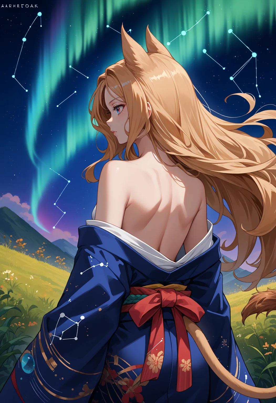 score_9, score_8_up, source_anime, 1girl, solo, ArchettoAK, heterochromia, blonde hair, long hair, animal ears, lion tail, aurora, back, bare back, bare shoulders, constellation, from behind, kimono, light particles, long sleeves, off shoulder, <lora:ChamArchettoPonyXL:1>