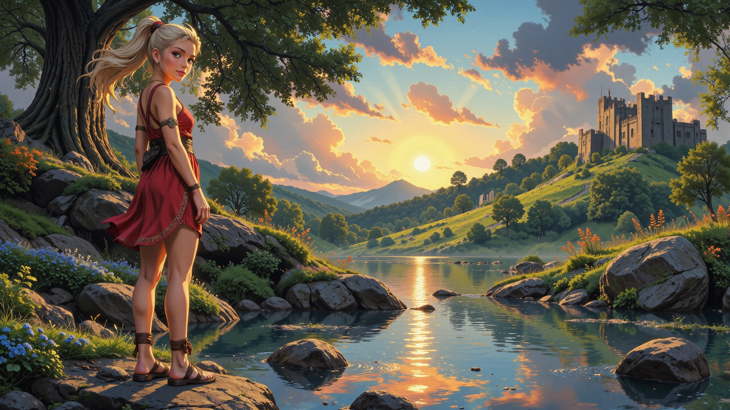 ponytail platinum blonde hair young woman, druid, anime, illustration, extremely detailed, portrait, standing, happy smile, flower in hair, glossy lipstick, celtic necklace, front-back earrings, loincloth, sandals,  Ruby Red druid short dress, legs, sharp focus, fantasy, celtic landscape, small rock, moss, ripples, reflections, celtic  castle, small river pond, druid forest, druid village, stunning nature environment, enchanted land, clovers, Bright Bright Blue flowers, best quality, colorful, wet floor, bright sunny sky, sunset, raytracing, hdr, high contrast, ethereal natural lights, backlight, lens flare, shadows, vibrant colors, colorful, pretty, beautiful, happy, smiling, feminine, sexy, lovely, in love, adorable, fashion,  <lora:Hand v2:1> <lora:Anti-Blur:1><lora:Insane Detail Slider:0.5>  <lora:flux.1_lora_flyway_Epic-detail_v2:0.3><lora:fluxenhancer:0.5> <lora:RetroAnimeFluxV1:0.4> <lora:Luminous_Shadowscape:0.4> <lora:SujatmikoArafuru_Flux:0.2> Suzume style