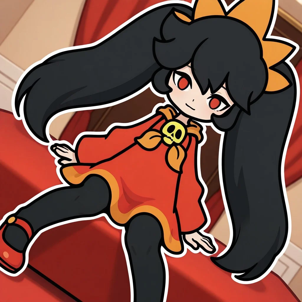 AshleyWWG, 1girl, solo, chibi, black hair, two large pigtails, bang, orange tiara, red eyes, red long-sleeve dress, orange neckerchief, golden skull brooch, black tights, red shoes, looking at viewer, heart , Sitting, (light smile, dutch angle, naughty pose, looking at viewer, solo, dynamic pose, indoors, elegant room, full_body, head tilt,),(( White frame, white outline))