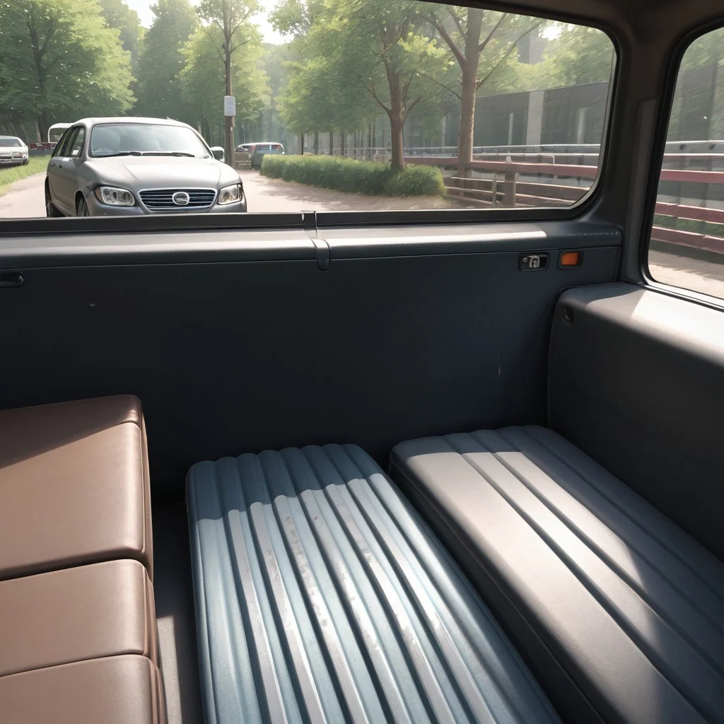 car, seat, no humans, sunlight, outdoors, tree, ground vehicle, motor vehicle