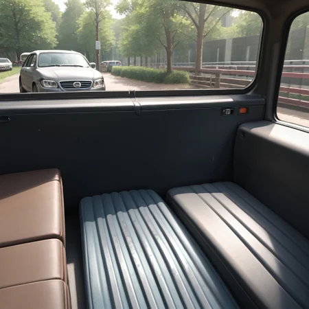 car, seat, no humans, sunlight, outdoors, tree, ground vehicle, motor vehicle