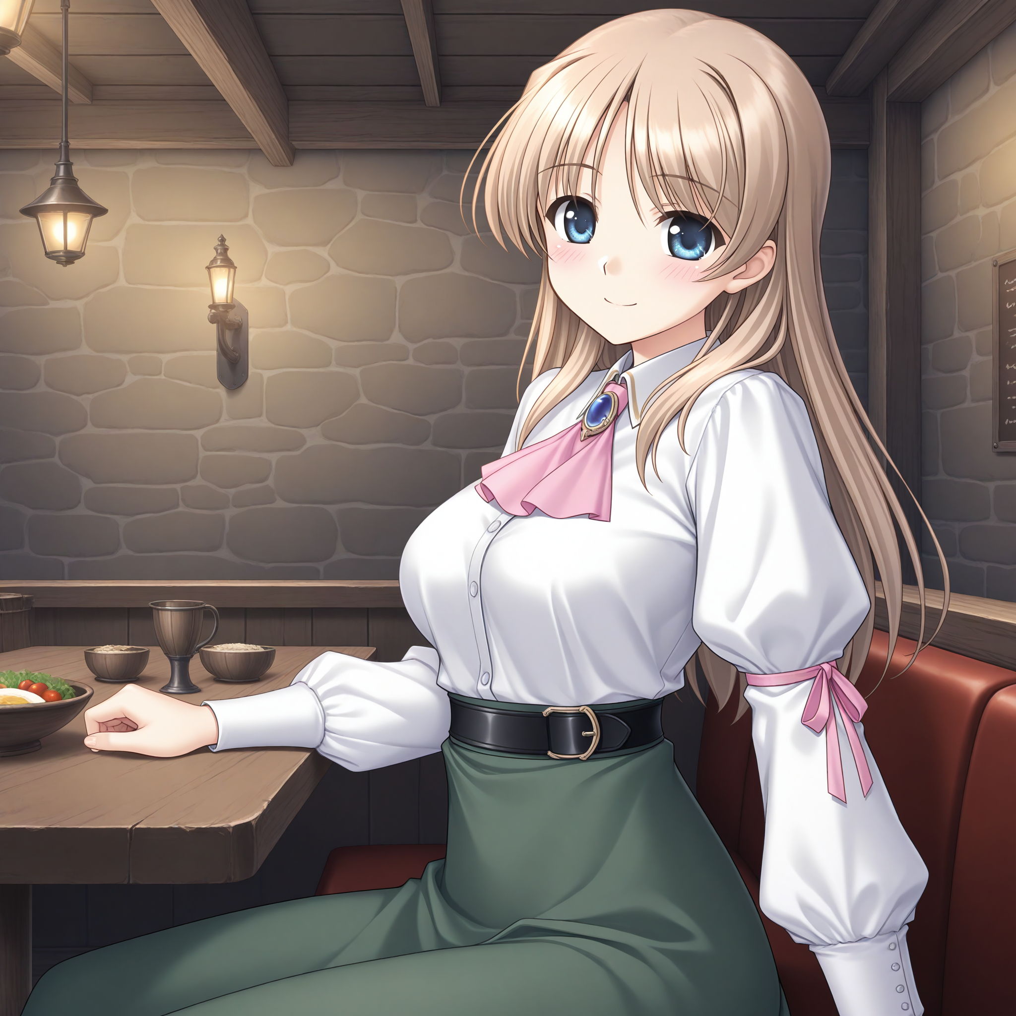 <lora:Fione_Silvaria_1_nai-000014:1>,Fione Silvaria,
white shirt,puffy long sleeves,green skirt,high-waist skirt,sleeve ribbon,pink ribbon,collared shirt,pink ascot,blue brooch,black belt,
1girl,solo,sitting,restaurant,from side,looking at viewer,smile,blush,medieval,