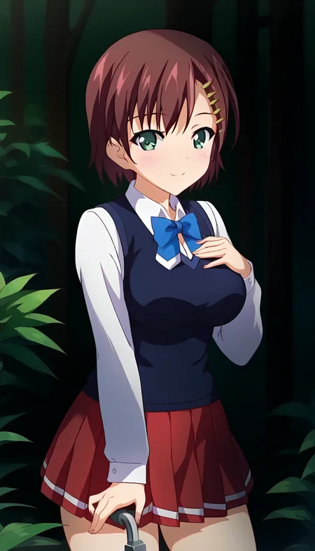 score_9,score_8_up,score_7_up,score_6_up BREAK official art,solo,outdoors,upper body,(portrait:1.5),looking at viewer,facing viewer,smile,blush,Sana Kuranaka,short hair,brown hair,hair ornament,hairclip,side swept bangs,green eyes,school uniform,sweater vest,black vest,blue bowtie,white shirt,collared shirt,large breasts,skindentation,long sleeves,microskirt,red skirt,pleated skirt,black socks,loafers,<lora:Sana Kuranaka(oc)-Pony:1.8>,