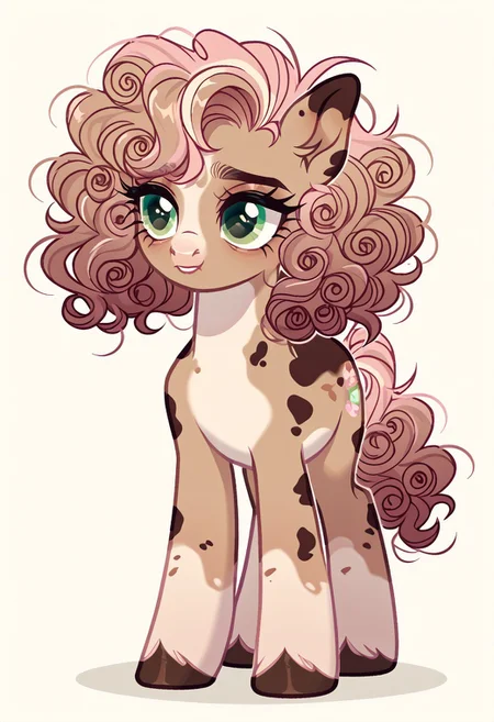 score_9, score_8_up, score_7_up, score_6_up, score_5_up, score_4_up, show accurate, full body, simple background, feral pony, female pony, charming appearance, original character, earth pony, playful look, Light brown body, creamy pink belly, dark pink spots, bright green eyes, soft pink hair with caramel strands, curly hair, medium length tail, chocolate brown hooves