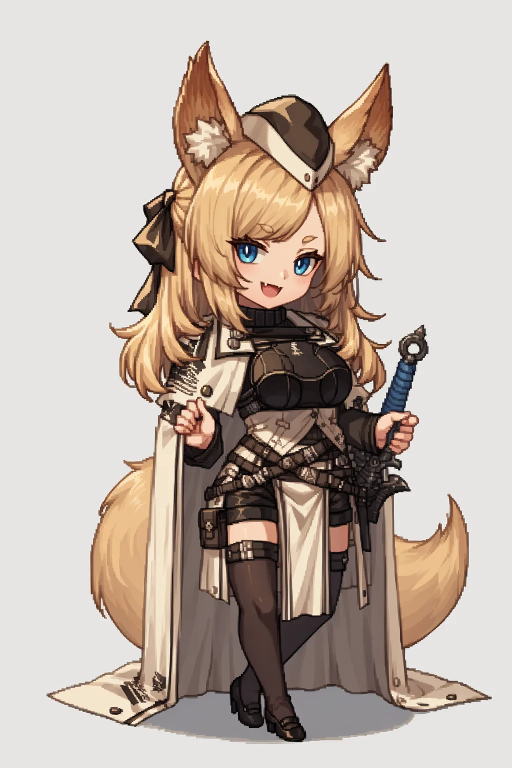 score_9, score_8_up, score_7_up, , rating_general,1girl ,wssd, animal ears, tail, hair ribbon, garrison cap, ribbed sweater, long sleeves, breastplate, white cape, pouch belt, black shorts, pelvic curtain, black thighhighs, high heels, source_anime, smile, :3, skin fang, open mouth, naughty face, <lora:WhislashPDCAMEv2L AK-000006:1>,<lora:GBFPixelPDCAME Style:1>, pixel art, 2d, full portrait, simple background, white background, chibi,
