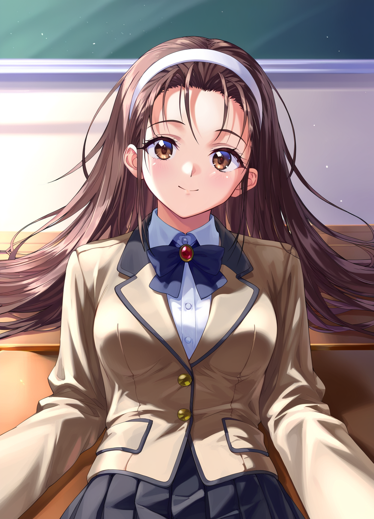 score_9, score_8_up, score_7_up, masterpiece, best quality, absurdres, official art, official style, anime screencap, megami magazine, zPDXL2, zPDXLxxx, <lora:Itsuki Haruka (Escalation -Hard Core-) Pony v1_epoch_10:0.7>, 1girl, solo focus, itsuki_haruka, large breasts, BREAK, tareme, brown eyes, BREAK, black hair, brown hair, long hair, bangs, sidelocks, forehead, BREAK, white hairband, hairband, BREAK, school uniform, blazer, brown jacket, long sleeves, buttons, BREAK, white shirt, BREAK, miniskirt, pleated skirt, black skirt, BREAK, white legwear, BREAK, loafers, BREAK, <lora:neg4all_bdsqlsz_xl_V91:1.0> <lora:ALTXL_pony_0061_8:2.0>, <lora:detailed_hands-000002:1>, hand cowboy shot, looking at viewer, smile, (open mouth:0.5), classroom, sitting_on_desk, morning, dim lighting, light particles, (on back:1.2), (pov:1.2)