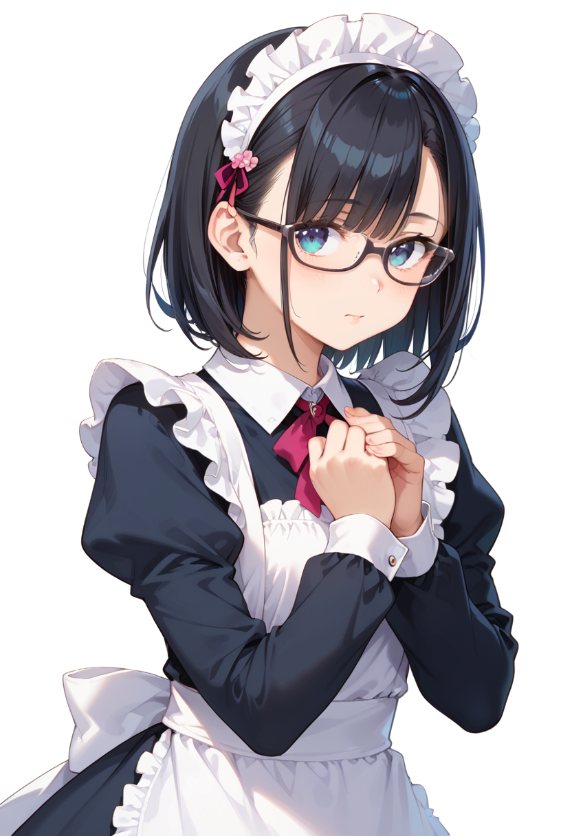 score_9, score_8_up, score_7_up, rating_safe, masterpiece, best quality, absurdres, unity 8k wallpaper, official art, official style, source_anime, uncensored, game cg, megami magazine,
1girl, solo, black hair, medium hair, upper body, covered eyes,maid, maid headdress, black dress, maid apron, face focus,
underrim_cell, glasses, still life, white background, simple background, under-rim eyewear, grey-framed eyewear, 
 <lora:glasses_underRimCell_PONY_V1:1>