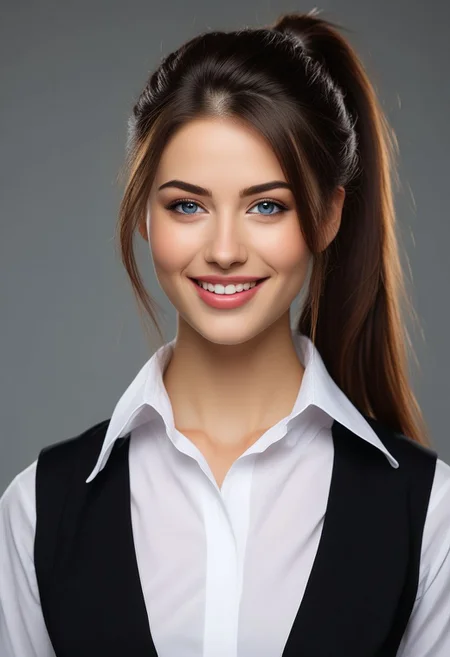 bellissima 1girl, solo, long hair, looking at viewer, smile, blue eyes, brown hair, shirt, black hair, white shirt, upper body, ponytail, collared shirt, vest, lips, black vest, realistic