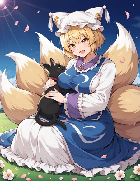 score_9, score_8_up, score_7_up, source_anime, rating_safe, BREAK <lora:ranYakumo_XL-Pony_LoRA-C3Lier_16-16-8-8_AdamW_Un3e-4_Te1.5e-4_10batch:1>, yakumo ran, 1girl, yellow eyes, short hair, blonde hair, multiple tails, fox tail, large breasts, fox ears, pillow hat, white headwear, ofuda, tabard, white dress, long dress, frills, long sleeves, wide sleeves, light smile, happy, looking down, sitting, (black cat:1.4, cat), holding animal, animal hug, animal on lap, grass, flower, wind, falling petals, sunlight, lens flare
