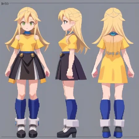 blonde, long hair, woman, gothic style, witch, yellow shirt, black skirt, shoulder, medieval fantasy, wizard uniform, megaman_legends, lowpoly, PS1, PSX, pixelated, model sheet, simples background, chara-sheet, 3D