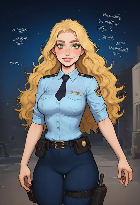 [[score_9]], score_8_up, score_7_up, 1girl, slim petite woman with large chest breasts,
in police riot gear, police commando , cop, wearing tactical gear, badge and utility belt, shield,
happy, gorgeous face, cute, bounce breast, blushing, perfect green eyes,
battle ready uniform,
full blonde long wavy hair,
night light effects, cast shadows over subject,
detailed background, detailerlora,
skindentation, SkinDetail, 1nc4s3, Expressiveh, yoga