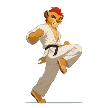 1 male, solo, Kion, anthro lion, light blush, genshinsplash, white background, splash art, angry, karate gi, genshin impact dendro vision, full body, fist, kick jump, full body, BREAK, high quality, best quality, newest, furry male, side view , looking at viewer