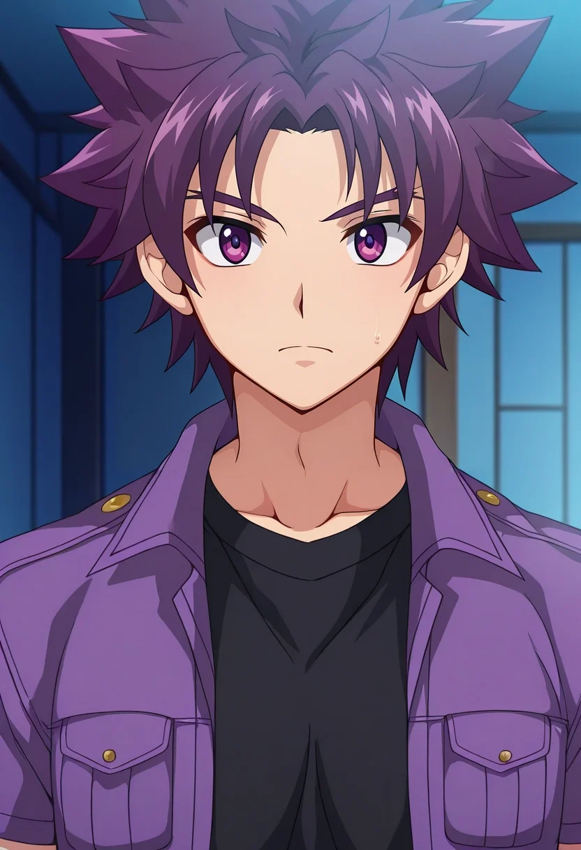 masterpiece, best quality, , anime screencap, , official style, , , 1boy, solo, male focus, <lora:yoichi_yukimura_ilxl:0.92>, yoichi_yukimura, purple hair, purple eyes, short hair, spiked hair, , ,