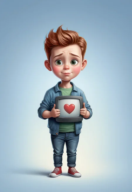Art of a male designer, little plump round face, 
(pc-monitor in hands:1.25), simbol heart inside screen, 
(funny expression by john Wilhelm:1.25),