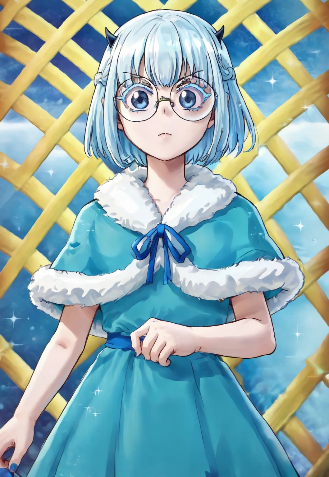 1 girl, standing eye catching, solo, light blue hair, short hair, blue eyes, horns, round eyewear, colored eyelashes, KeroriFestivalDress, blue dress, blue capelet, fur trim, ribbon