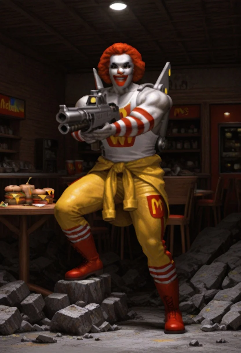best quality, masterpiece, 
1boy, solo, male focus, 
full body, 
action pose, fighting, 
ronald mcdonald, 
muscular male, clown, 
jumpsuit around waist, white tank top, jetpack, red boots, 
holding weapon, holding gun, aiming, 
looking at viewer, 
indoors, restaurant, mcdonald's, rubble, table, cheeseburger, windows