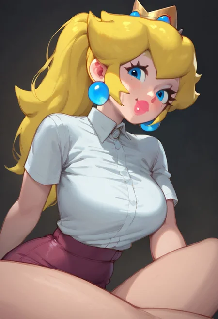 score_9, score_8_up. score_7_up,
1 girl, Simple background, black background,
thick eyebrows, pouty lips, smile expression, blush, beautiful, (pink nose:0.7), perfect face, detailed face,
((1girl, princess peach, blue eyes, long hair, blonde hair, ponytail, sidelocks, earrings))
 office outfit, office lady, white shirt, pencil skirt,
big breast, wide hips, thin waist, big ass, belly, petite, long legs,