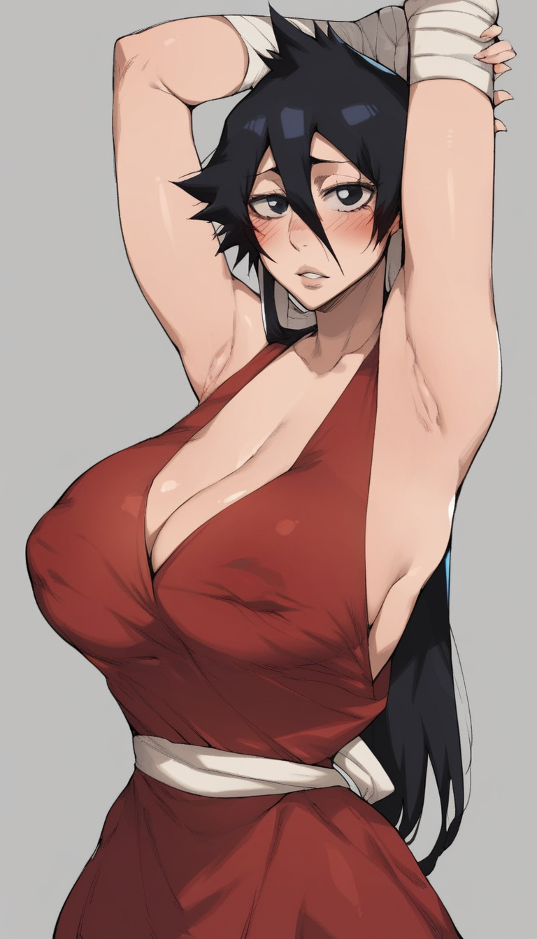 score_9,score_8_up,score_7_up,1girl,shiba kuukaku,bleach,solo,long hair,looking at viewer,blush,large breasts,simple background,black hair,cleavage,hair between eyes,parted lips,armpits,grey background,black eyes,arms up,covered nipples,red dress,bandaged arm,bandaged head,<lora:bobtheneet_Elijahzx_style__Pony_XL:1>,