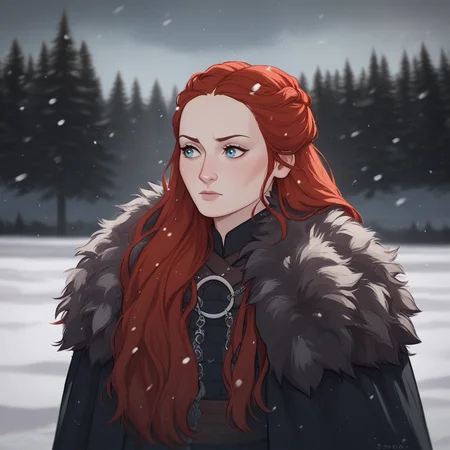 score_9_up, score_8_up, BREAK, SansaStark, 1girl, solo, long hair, red hair, blue eyes, black dress, fur trim, cape, upper body, <lora:SansaStark_PXL_Leaf1:1>, snow,