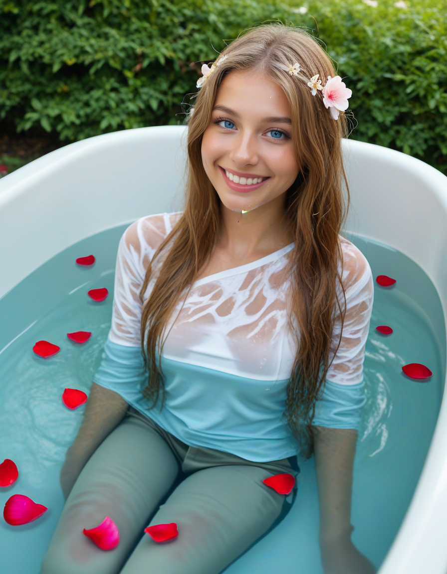 Stable_Yogis_PDXL_Positives2 1woman, solo, blue eyes, long hair, funny, smile,  flower, petals, water, bath, shirt, pants, under water, wet clothes, water dripping, wet hair, sitting in bath tub,