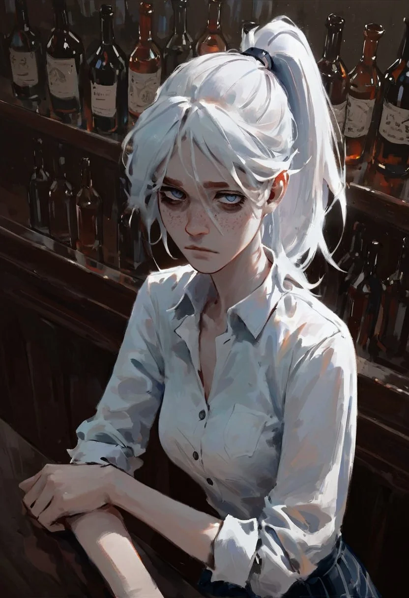 score_9, score_8_up, score_8_up, bartender, freckles, tired, dark circles under eyes, eye bags, skinny girl, ponytail, white hair, white shirt, skirt, bar counter, bar background, looking on viewer, seductive pose