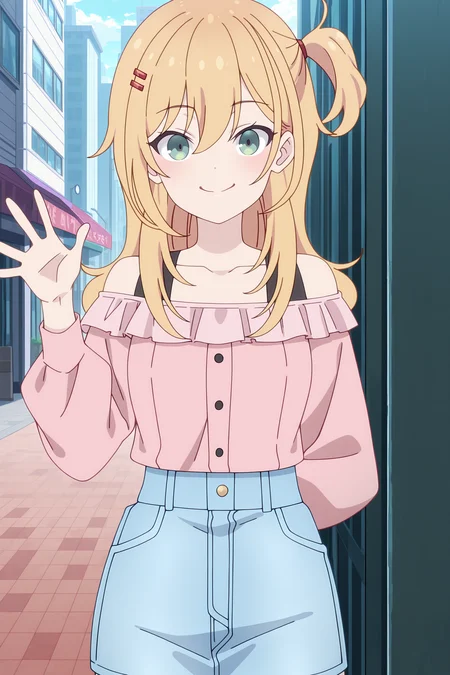 volumetric lighting, official style, amazing quality, ultra detailed, highres, detailed background, anime screenshot, anime screencap, anime coloring, masterpiece, detailed face,1girl <lora:nana_hoshi__-20:0.9>nana_hoshi, nana_hoshi(outfit 1), blonde hair, pink off-shoulder shirt, long hair, off shoulder, long sleeves, solo, one side up, hair ornament, bare shoulders, bangs, collarbone, closed mouth, green eyes, hair between eyes, smile, teeth, denim skirt, looking at viewer, outdoors, day, city, waving, hand behind back