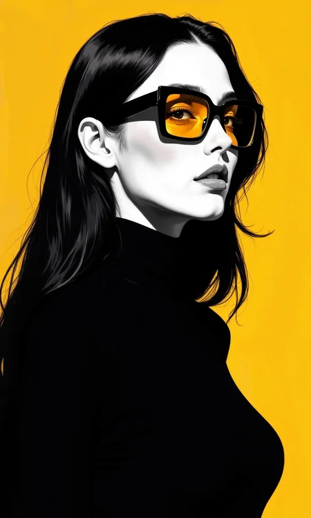Close-up of a stylized female portrait. 
The figure is rendered in a grayscale palette, with a deep black color for clothing and hair, set against a vibrant yellow background.  The woman has long, dark hair that falls down her back.  Her facial features are defined, with a strong jawline and a confident expression.  She is wearing large, square-framed sunglasses with amber or yellowish-gold lenses.  The sunglasses are a noticeable feature, contrasting sharply with the surrounding dark tones. 
A turtleneck-style top is visible, further enhancing the silhouette.  The overall style is fashion-forward and somewhat dramatic, emphasizing form and contrast against the background. The figure is presented in a three-quarter profile view.
<lora:FLUX-daubrez-DB4RZ-v2:1> DB4RZ, DB4RZ style painting