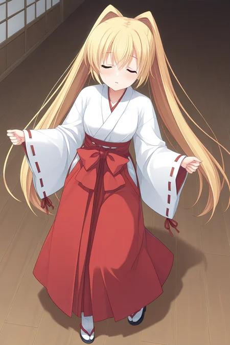 masterpiece, best quality, absurdres, official art, official style, rating general BREAK <lora:asasakameguri_IL_v1-4:0.7>, asasaka meguri, 1girl, solo, blue eyes, blonde hair, twintails, hair between eyes, very long hair, small breasts,
miko, japanese clothes, white kimono, long sleeves, wide sleeves, ribbon-trimmed sleeves, red sash, waist bow, red bow, red hakama, hakama skirt, white socks, tabi, zouri, closed eyes, blush, wooden floor, parted lips, open mouth, collarbone, from above, dutch angle, indoors, standing