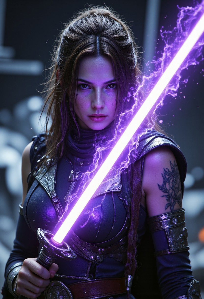 realistic, PHOTOREALISTIC, ((perfect anatomy)), (futuristic warrior holding purple lightsaber:1.3),  25 years old, perfect quality, high quality,(sci-fi, star wars, jedi knight, empress, married), Jaina solo, big brown eyes, dark brown hair, long straight intricate hair, athletic female, ((fitness models, muscle detail, detailed muscle)), long athletic muscular legs, athletic round muscular butt, athletic hips, perfect breasts, perfect body, epic, long hair, intricate hairstyle, cute, soft skin, soft skin, textured skin ,shining glossy skin, soft abs, athletic waist, (slender body),  sci-fi, futuristic, ((intricate transparent flowing sheer jedi robes showing sexy body underneath:1.2, armor parts on body:1.2, marble armor:1.2, greave, boots)), glowing Kintsugi tattoos on body:1.3, Expressiveh, (volumetric lighting:1.2), cinematic, cinematic lighting, reflections, ultra hd, visual effects, graphic effects, ambient occlusion, raytracing, soft lighting, realistic, blum effect, masterpiece, absolutely eye-catching, particles, glow, shining, (intricate cinematic background, on space station, outer space in background, Jaina is dueling an unseen sith lord swinging her lightsaber at them, using the force, god rays), (beautiful face), R3alisticF, Perfect hand, Detailed hand, 5 fingers on each hand