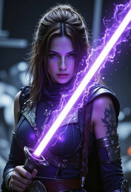 realistic, PHOTOREALISTIC, ((perfect anatomy)), (futuristic warrior holding purple lightsaber:1.3), 25 years old, perfect quality, high quality,(sci-fi, star wars, jedi knight, empress, married), Jaina solo, big brown eyes, dark brown hair, long straight intricate hair, athletic female, ((fitness models, muscle detail, detailed muscle)), long athletic muscular legs, athletic round muscular butt, athletic hips, perfect breasts, perfect body, epic, long hair, intricate hairstyle, cute, soft skin, soft skin, textured skin ,shining glossy skin, soft abs, athletic waist, (slender body), sci-fi, futuristic, ((intricate transparent flowing sheer jedi robes showing sexy body underneath:1.2, armor parts on body:1.2, marble armor:1.2, greave, boots)), glowing Kintsugi tattoos on body:1.3, Expressiveh, (volumetric lighting:1.2), cinematic, cinematic lighting, reflections, ultra hd, visual effects, graphic effects, ambient occlusion, raytracing, soft lighting, realistic, blum effect, masterpiece, absolutely eye-catching, particles, glow, shining, (intricate cinematic background, on space station, outer space in background, Jaina is dueling an unseen sith lord swinging her lightsaber at them, using the force, god rays), (beautiful face), R3alisticF, Perfect hand, Detailed hand, 5 fingers on each hand
