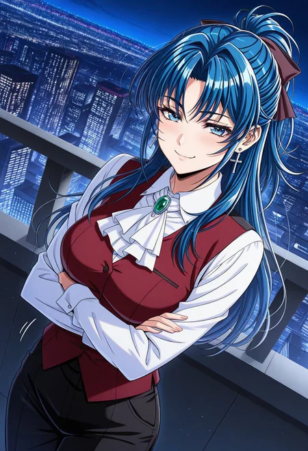 masterpiece, best quality, newest, highres, uncensored, 1girl, yokota mamoru style,1girl, slender face,motion lines,blush,torogao,looking at the viewer,seductive smile
Kouno Asami,Blue Hair, Curtained Hair, Long Hair, Ponytail, Spiky Bangs, Straight Hair,Blue Eyes,Medium Breasts, Slim, Cross Earrings
1girl,solo
half updo, bow, long sleeves, vest, ascot, white ascot, red vest, collared shirt, gemstone,, city skyline, rooftop view, night time, city lights, quiet reflection, smile, looking at viewer, crossed arms, smug, solo,, dutch angle, cowboy shot