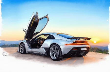 Sharp image of a rough sketch, rendered in vibrant multi colour ballpoint pen, capturing the adorable features of a futuristic sports car with a sleek and modern design. The car is parked on a concrete surface with a beautiful landscape in the background. The sky is blue and the sun is setting, casting a warm glow over the scene.
The car has a large open door on the left side, revealing the interior of the car. The door is black with a yellow stripe running along the center. On the right side, there is a black spoiler on the roof. The wheels are black with silver rims. The overall color scheme of the image is silver, black, and yellow.  p3nsk, <lora:p3nsk:1>
