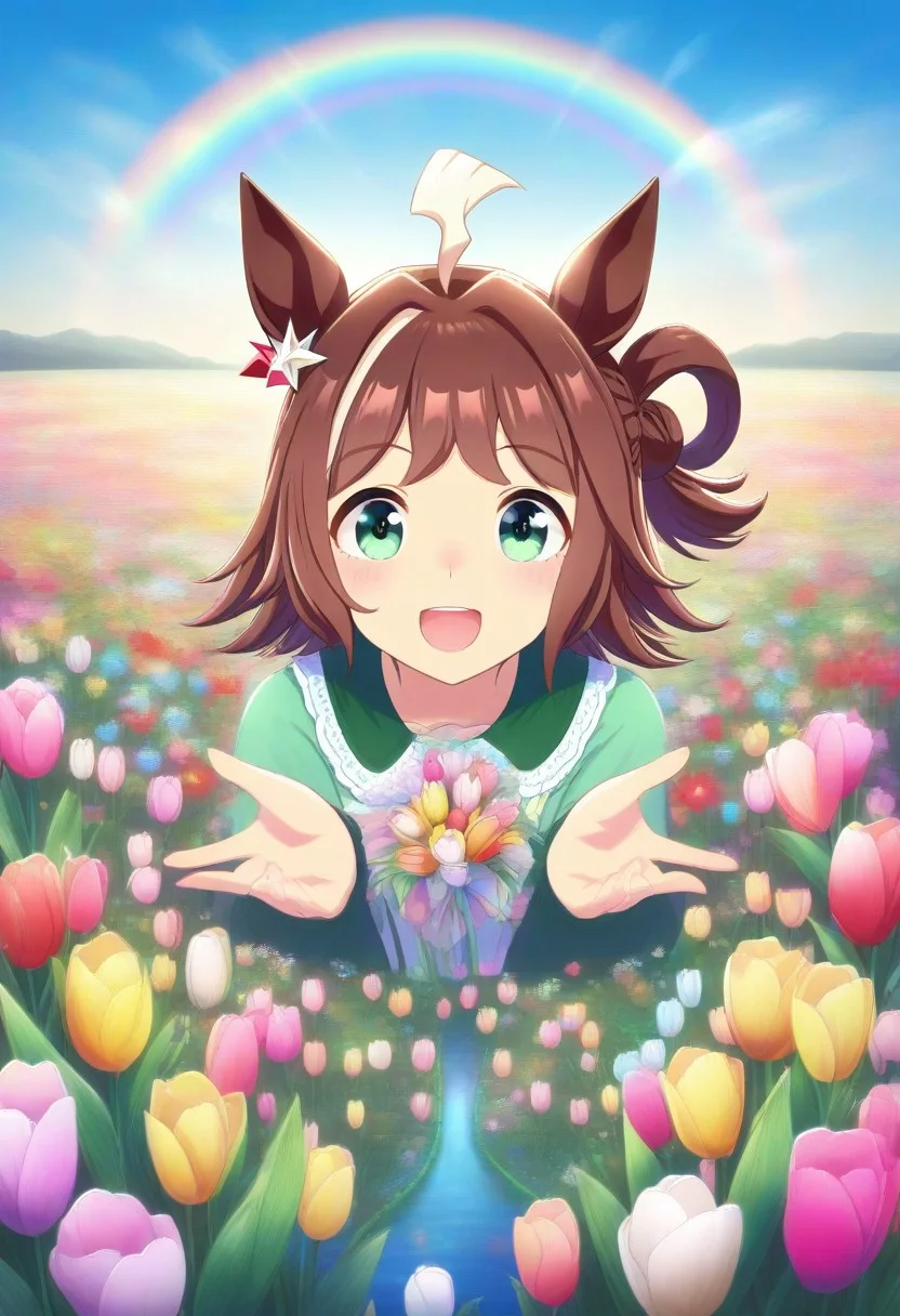 (umamusume, rhein_kraft_(umamusume), horse_ears, horse_girl, tail, 1girl, Tulip, animal_ears,),
casual, field, flower, flower_field, green_eyes, hair_between_eyes, solo, , symmetric ,spiralling vortex made of multicoloured tulips,ripples, reflective, jaynl-tm, rainbow, , g0ldsw0rthy,
(realistic, photo, artistic, medium_hair, one_eye_closed, petals, relaxing, lush foliage sunrise, , : 0.7)