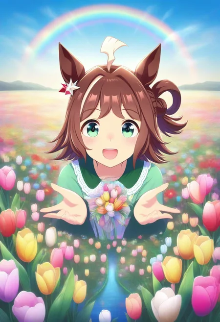 (umamusume, rhein_kraft_(umamusume), horse_ears, horse_girl, tail, 1girl, Tulip, animal_ears,),
casual, field, flower, flower_field, green_eyes, hair_between_eyes, solo, , symmetric ,spiralling vortex made of multicoloured tulips,ripples, reflective, jaynl-tm, rainbow, , g0ldsw0rthy,
(realistic, photo, artistic, medium_hair, one_eye_closed, petals, relaxing, lush foliage sunrise, , : 0.7)