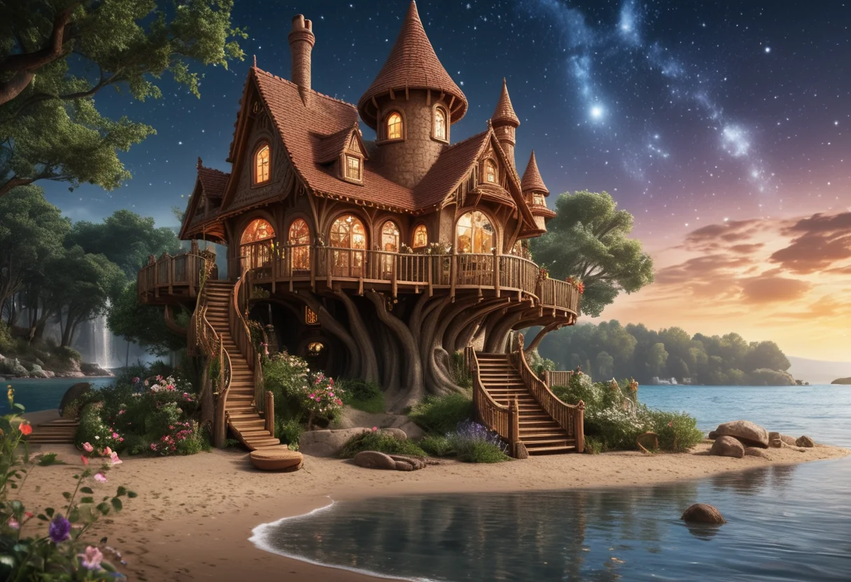 award winning, (professional photo) of (spacious fantasy treehouse) with fairy tale gingerbread trim, turreted roof with spires, Brick walls, circular windows with enchanted glass, heavy wooden door with runic carvings, hanging herbs and flowers veranda, mystical fountain dragon statues, located in a sunny lakeside, where the sun sparkles on the water's surface, beach towels spread out on the sand, children laughing as they splash in the shallows , under a starry night sky, , creative, beautiful, vibrant, masterpiece, 64k, UHD, HDR, full view, atmospheric lighting, extremely detailed