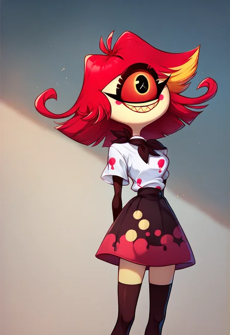 <lora:hazbin_hotel_ponyxl_v2-000025:1>, niffty, solo, 1girl, standing, cyclops, arms behind back, school uniform, black skirt, black thighhighs, white shirt, smile,
BREAK
score_9, score_8_up, score_7_up, score_6_up
