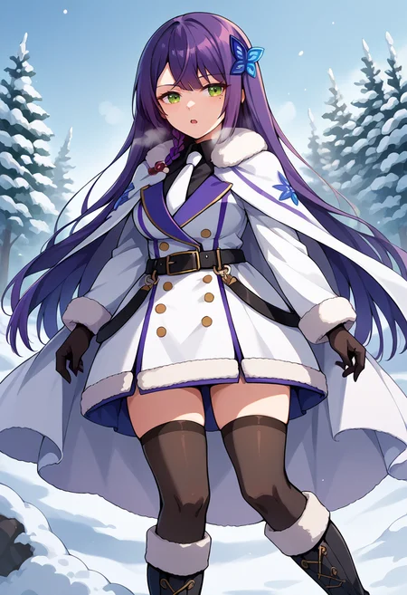score_9, score_8_up, source_anime, 1girl, solo, FunadaWntr, green eyes, mole under eye, purple hair, long hair, side braid, hair ornament, white necktie, fur-trimmed cape, white cape, white dress, fur-trimmed dress, long sleeves, buttons, black gloves, black belt, black thighhighs, fur-trimmed boots, white knee boots, outdoors, snow, winter, heavy breathing, open mouth, <lora:ChamFunadaKiitoPonyXL:1>