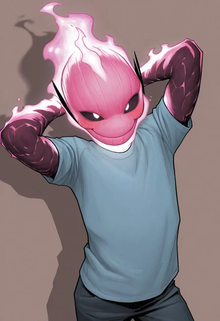 masterpiece, absurdres, high quality, perfect anatomy, 1boy, solo, cute boy, male focus, doyle, Pink Fire, Black Scelera, colored scelera, t-shirt, shy smile, hand behind head, cinematic, intricately detailed illustration, depth of field, masterpiece, best quality, amazing quality, very aesthetic, absurdres, newest, very awa, shadow, dynamic angle, casual cosplay, dynamic pose, simple background,