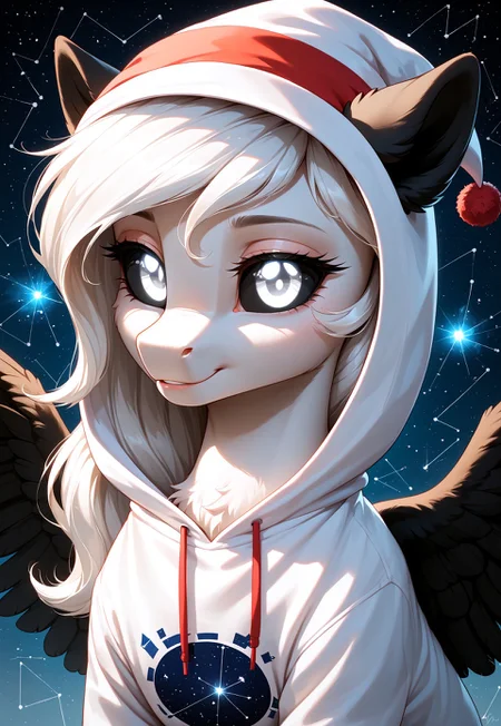 score_9, score_8_up, score_7_up, score_pony, zPDXL3, Albina, 1girl, wild pony, pony, white fur, white long hair, (black sclera:1.1), white eye, (glowing white eyes:1.1), glowing eyes, ( black wings:1.4), black ears, in hoodie, in the hood, cute, magical hat and magical cloak, space print, constellation, BREAK (masterpiece:1.3), (best quality:1.3), (ultra-detailed:1.3), (cinematic lighting:1.2), (depth of field:1.1), (sharp details:1.1)