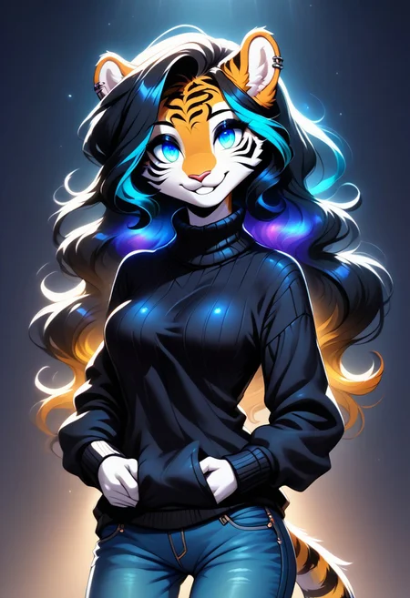 digital_media_(artwork) hi_res, score_9, score_8_up, score_7_up, score_6_up, score_5_up, score_4_up, rating_safe, beautiful, intricate, high quality details, highly detailed, anthro, furry, female, detailed textured fur, fur tufts, fluffy, slim, slender, cute, sweater, baggy denim jeans, detailed sexy eyes, coy smile, solo, SFW, tiger, long hair, multicolored hair, streaked hair, absurdres, highres, goth, heavy eyeliner, heavy eye shadow, breasts, gaming, glowing hair, glowing stripes,