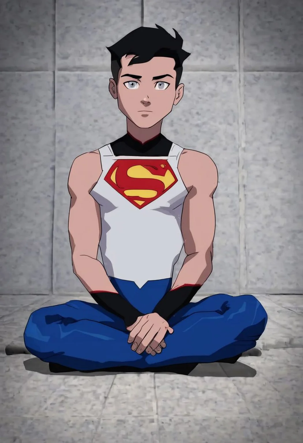 Superboy,1boy,solo,grey eyes, black hair,white crop tanktop,sleeveless,sitting,blue pants,looking at viewer,masterpiece,best quality