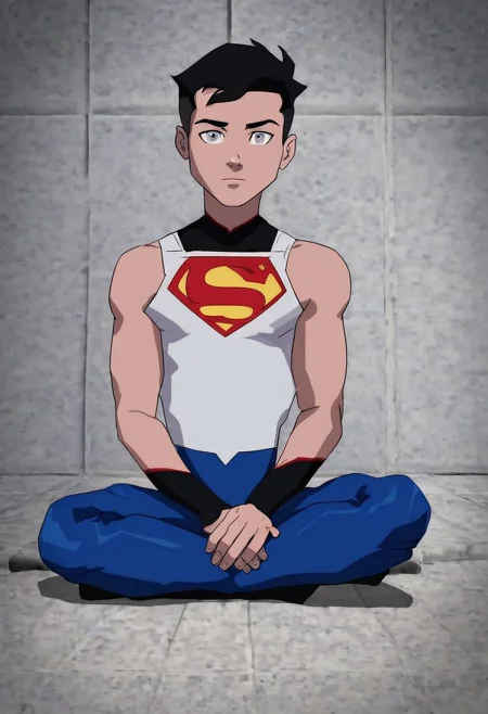 Superboy,1boy,solo,grey eyes, black hair,white crop tanktop,sleeveless,sitting,blue pants,looking at viewer,masterpiece,best quality