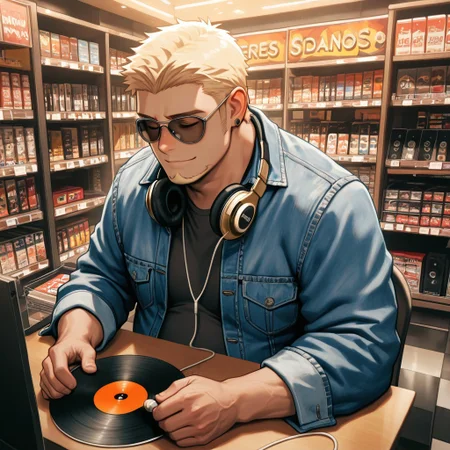 masterpiece, best quality, amazing quality, absurdres, newest, detailed background, definition so sharp, Ultra-HD, 8K cinematic, very awa, impressionate, amazing quality, highres, 
solo, male focus, manly, 
1boy, short hair, goatee, chubby, rikio_blonde, rikio_brown eyes, rikiokamamoto, sunglasses \(around neck\), earrings, sideburns, casual wear, denim jacket, record store, vibrant colors, chill, absorbed, content, harmonious, rhythmic, holding headphones, listening to music, closed eyes, subtle smile,