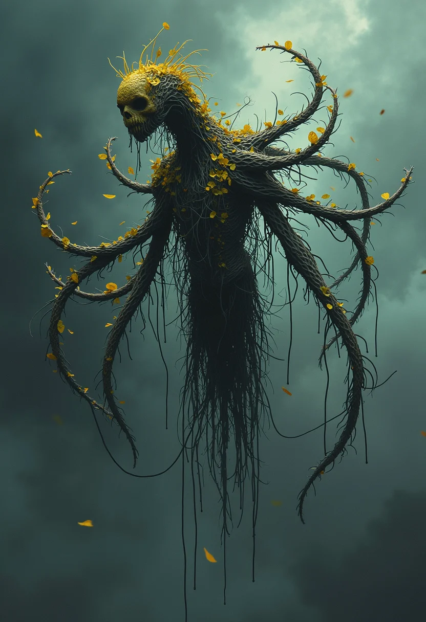 high quality, highly detailed, colorful, abstract, fantasy, fantasy background, The image is an realistic photo of a creature that appears to be floating in the air. The creature has a long, slender body with multiple arms and legs that extend outwards from its body. The arms are covered in green and yellow leaves, and the legs are black. The body of the creature is covered in a thick layer of black and white lines, creating a sense of movement and energy. The background is a dark, cloudy sky with a hint of blue and green. The overall mood of the image is eerie and mysterious.<lora:FLUX\boFLUX Neon Abyss.safetensors:1.0:1.0>