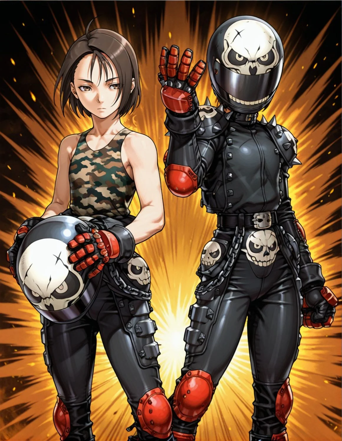 masterpiece, best quality, <lora:Akira_Kazama_Rival_Schools_-_IL:1>, kazama akira, brown eyes, 1girl, facing viewer, side by side, fighting stance, flat chest, tanktop, camouflage, biker pants, expressionless, fighting stance, biker clothes, biker helmet, skull helmut, bodysuit, duo, spiked shoulder pads, covered face,