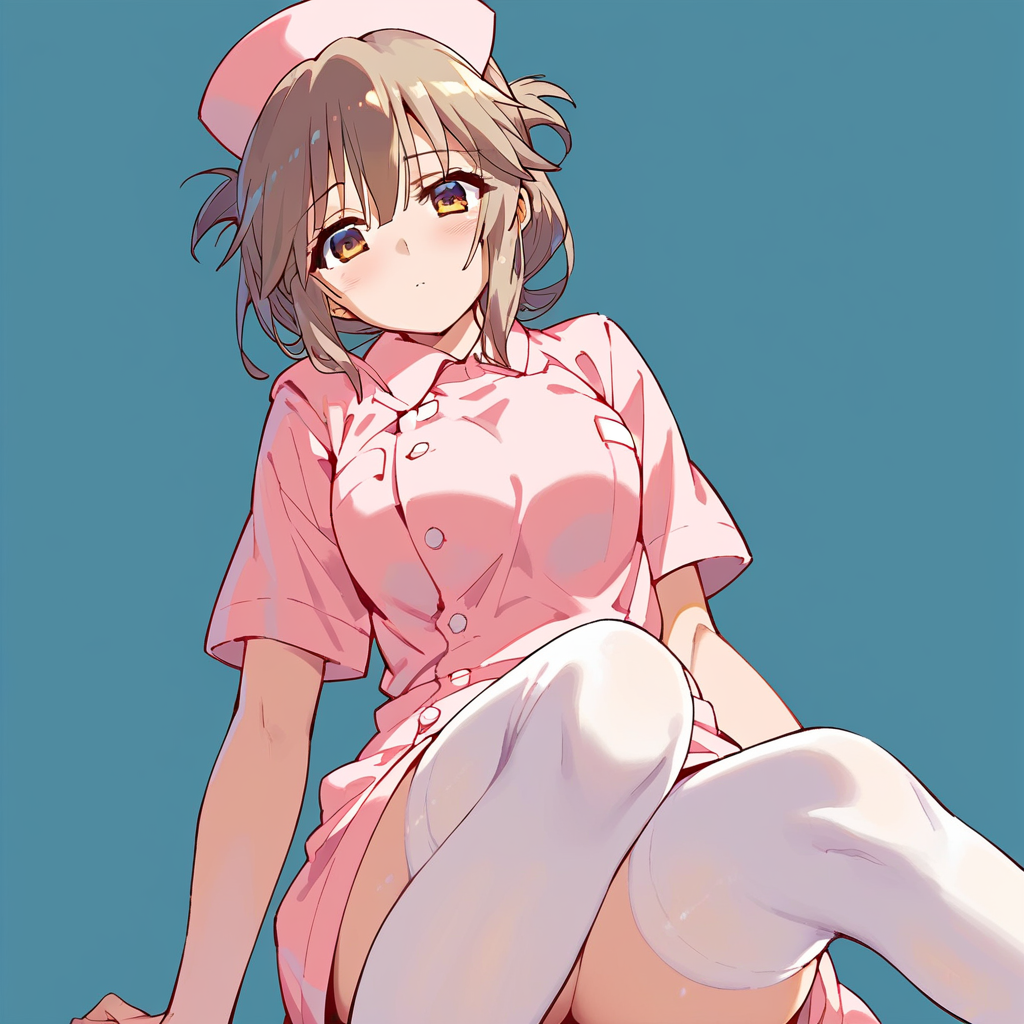 score_9, score_8_up, score_7_up, score_6_up, score_5_up, score_4_up,
simple background, 
1girl, akagi mio, pink nurse, updo, white thighhighs, 
 <lora:akagi_mio_pony_v1:1>